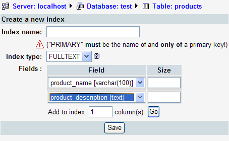 setting up MySQL fulltext index